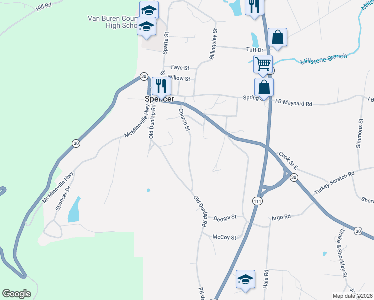 map of restaurants, bars, coffee shops, grocery stores, and more near 206 Church Street in Spencer