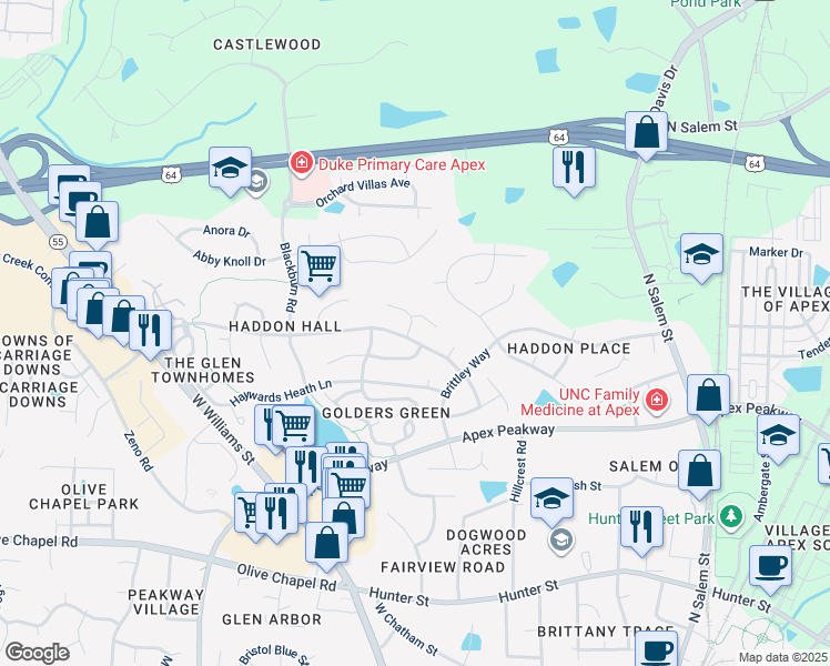 map of restaurants, bars, coffee shops, grocery stores, and more near 814 Haddon Hall Drive in Apex