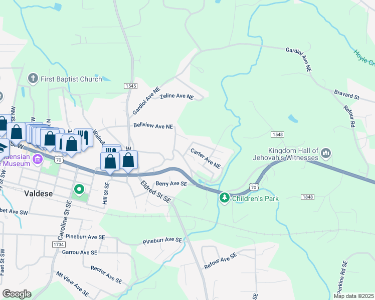map of restaurants, bars, coffee shops, grocery stores, and more near White Street Northeast in Valdese