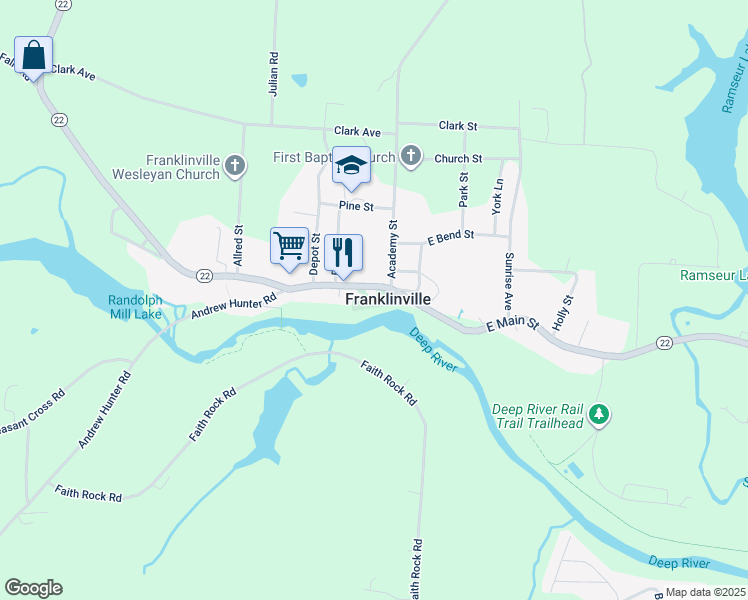 map of restaurants, bars, coffee shops, grocery stores, and more near 105 East Main Street in Thomasville