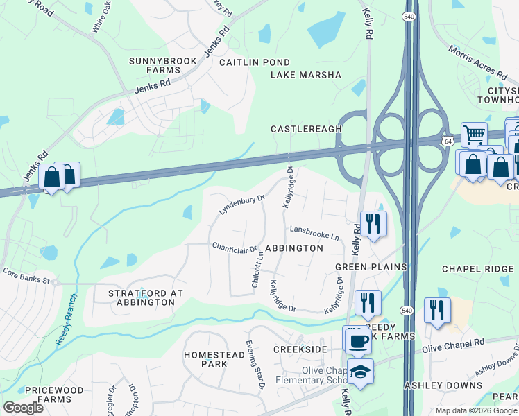 map of restaurants, bars, coffee shops, grocery stores, and more near 302 Chanticlair Drive in Apex