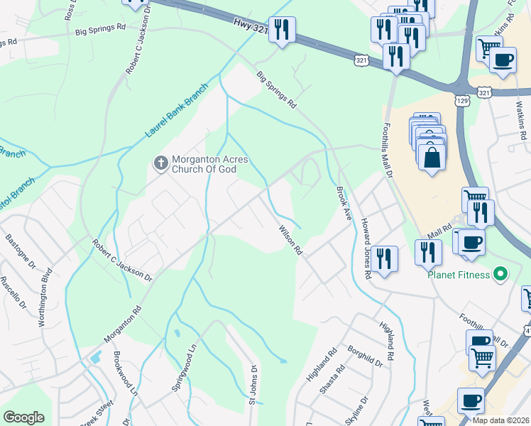 map of restaurants, bars, coffee shops, grocery stores, and more near 818 Wilson Road in Maryville