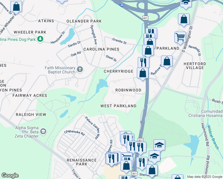 map of restaurants, bars, coffee shops, grocery stores, and more near 711 Wexford Drive in Raleigh