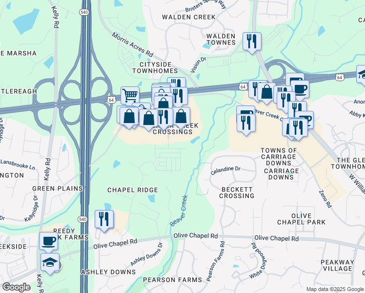map of restaurants, bars, coffee shops, grocery stores, and more near 2006 Whitesmith Drive in Apex