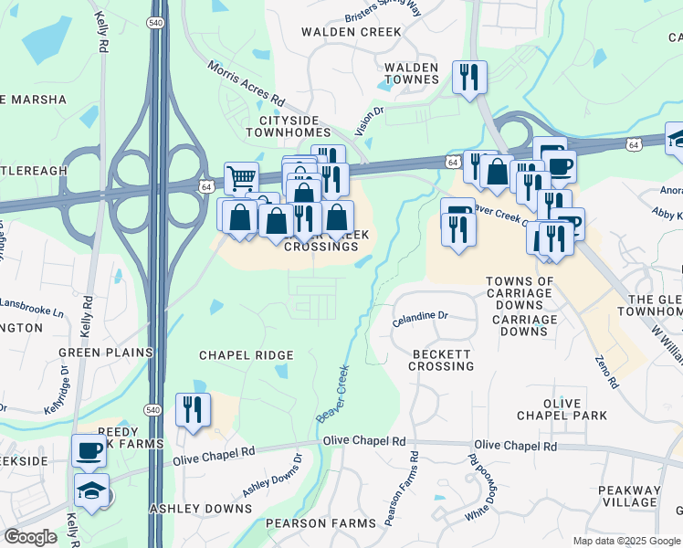 map of restaurants, bars, coffee shops, grocery stores, and more near 2004 Whitesmith Drive in Apex