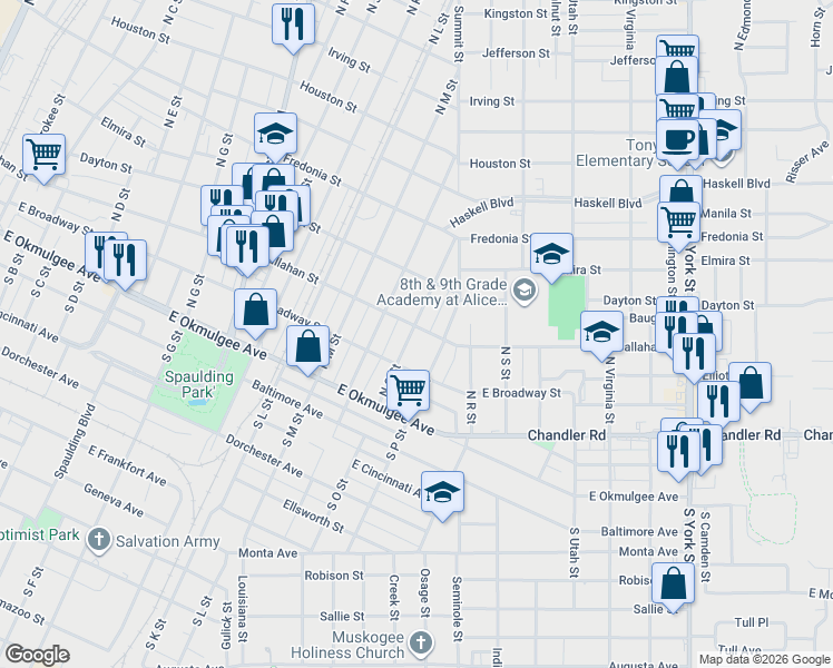 map of restaurants, bars, coffee shops, grocery stores, and more near 1507 Callahan Street in Muskogee