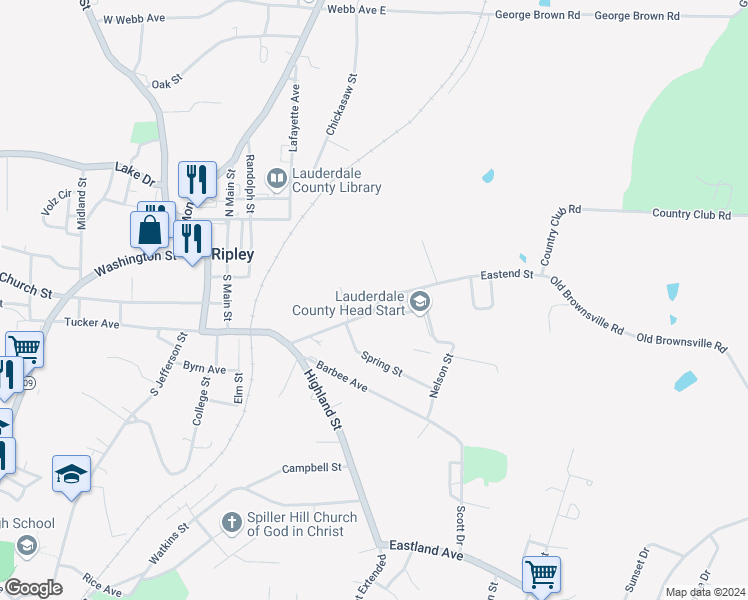 map of restaurants, bars, coffee shops, grocery stores, and more near 185 Eastend Street in Ripley