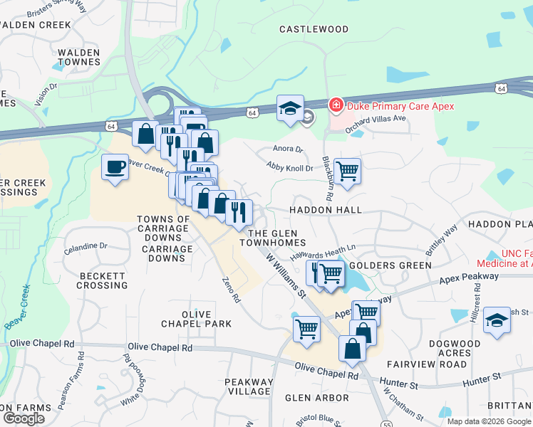 map of restaurants, bars, coffee shops, grocery stores, and more near 146 Darley Dale Loop in Apex