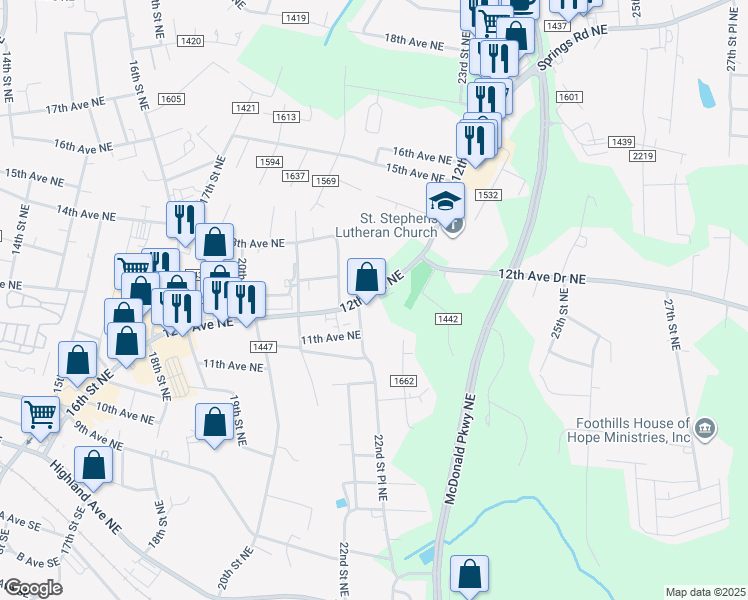 map of restaurants, bars, coffee shops, grocery stores, and more near 2240 12th Avenue Northeast in Hickory