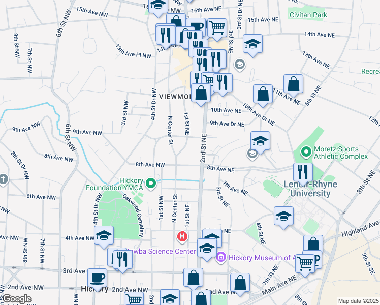 map of restaurants, bars, coffee shops, grocery stores, and more near 842 1st Street Northeast in Hickory