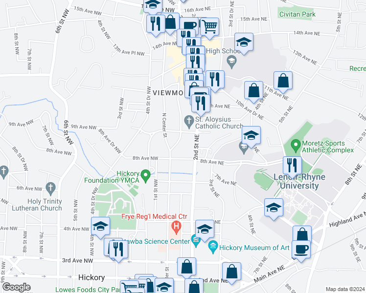 map of restaurants, bars, coffee shops, grocery stores, and more near 842 1st Street Northeast in Hickory
