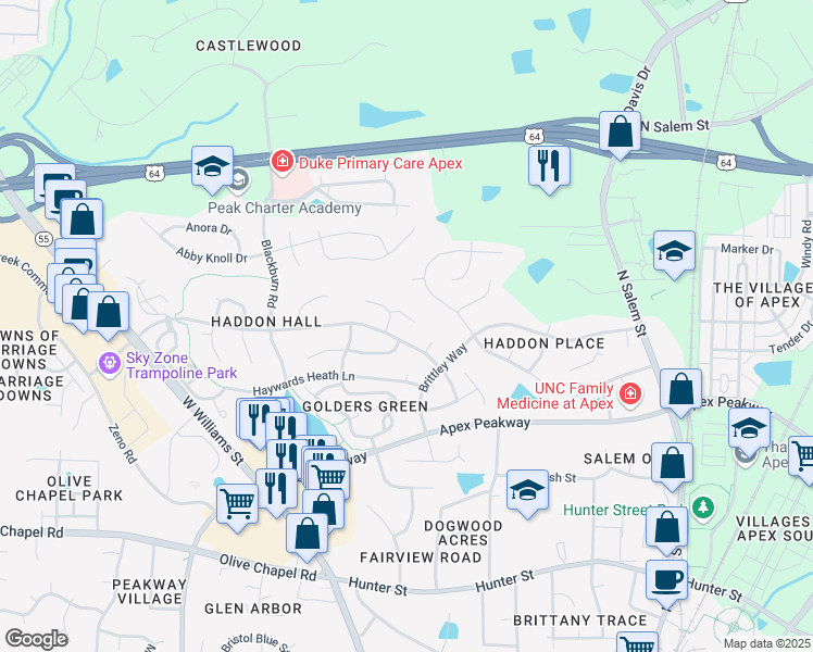 map of restaurants, bars, coffee shops, grocery stores, and more near 1008 Swandon Court in Apex