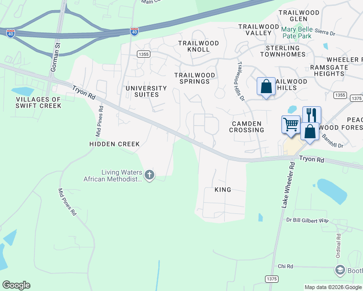 map of restaurants, bars, coffee shops, grocery stores, and more near 3223 Трион-роуд in Raleigh