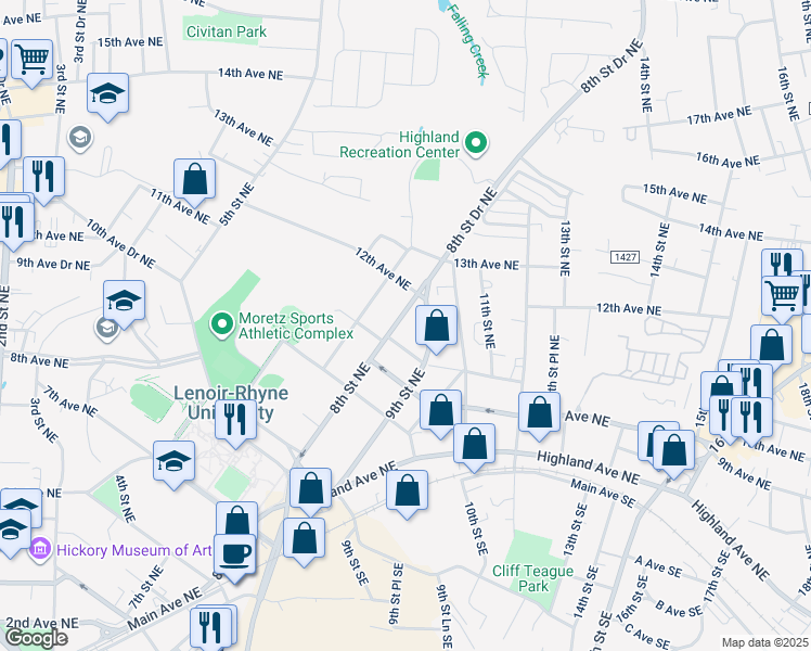 map of restaurants, bars, coffee shops, grocery stores, and more near 1030 8th Street Northeast in Hickory