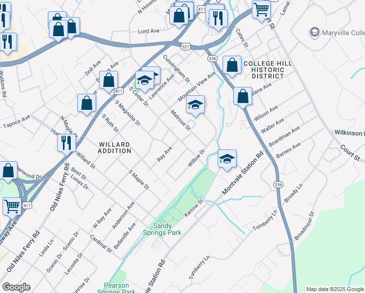 map of restaurants, bars, coffee shops, grocery stores, and more near 910 Ray Avenue in Maryville