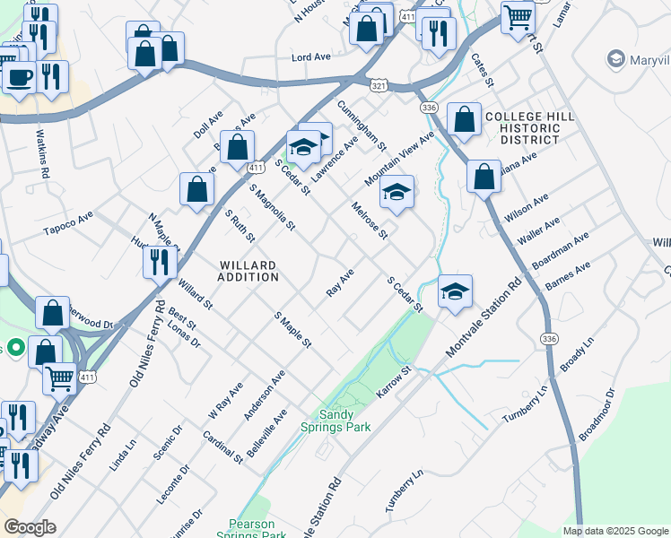 map of restaurants, bars, coffee shops, grocery stores, and more near 1018 Sterling Avenue in Maryville