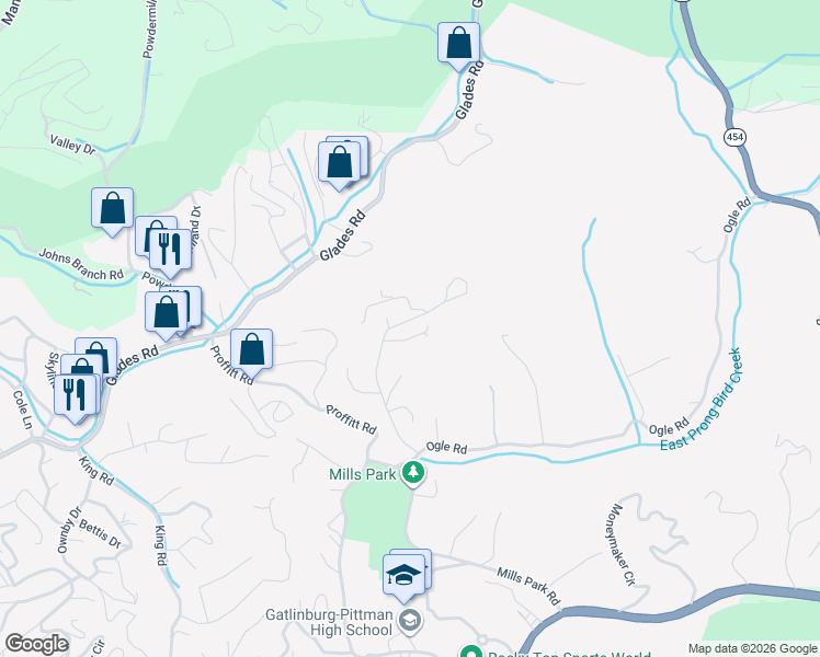 map of restaurants, bars, coffee shops, grocery stores, and more near 418 PA Proffitt Road in Gatlinburg
