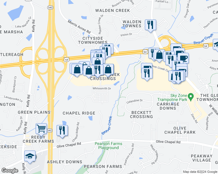 map of restaurants, bars, coffee shops, grocery stores, and more near 2006 Whitesmith Drive in Apex