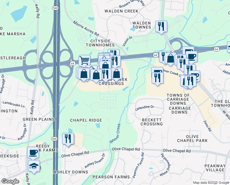 map of restaurants, bars, coffee shops, grocery stores, and more near 2014 Whitesmith Drive in Apex
