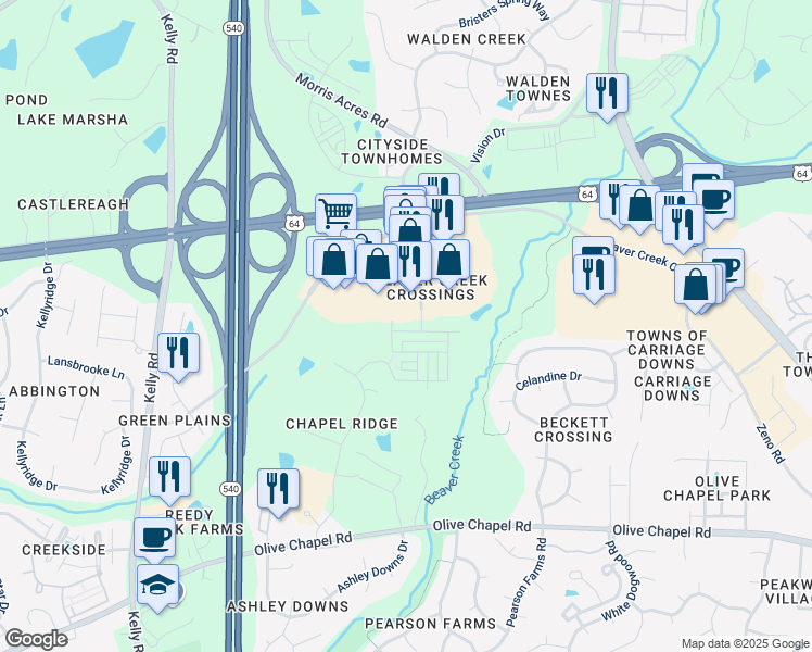 map of restaurants, bars, coffee shops, grocery stores, and more near 2118 Whitesmith Drive in Apex