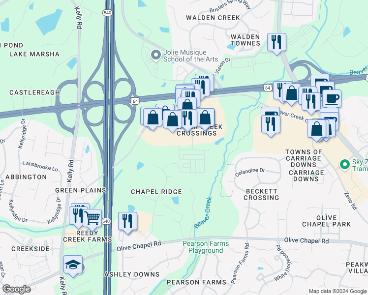 map of restaurants, bars, coffee shops, grocery stores, and more near 2122 Whitesmith Drive in Apex