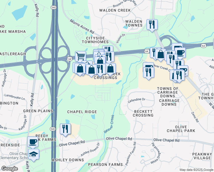 map of restaurants, bars, coffee shops, grocery stores, and more near 1003 Brownsmith Drive in Apex
