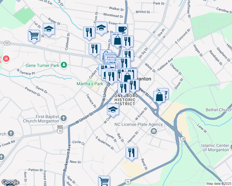 map of restaurants, bars, coffee shops, grocery stores, and more near 100 South King Street in Morganton