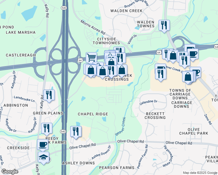 map of restaurants, bars, coffee shops, grocery stores, and more near 2122 Whitesmith Drive in Apex