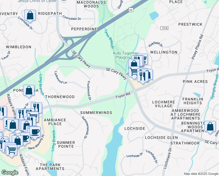 map of restaurants, bars, coffee shops, grocery stores, and more near 6590 Трион-роуд in Cary