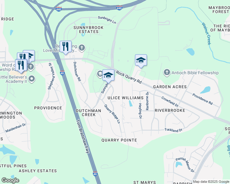 map of restaurants, bars, coffee shops, grocery stores, and more near 3733 Tryon Ridge Drive in Raleigh