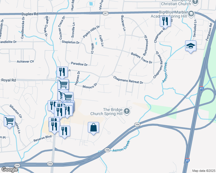 map of restaurants, bars, coffee shops, grocery stores, and more near 3608 Ashworth Court in Spring Hill