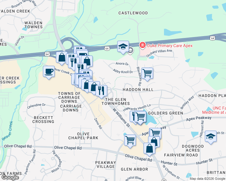 map of restaurants, bars, coffee shops, grocery stores, and more near 146 Darley Dale Loop in Apex