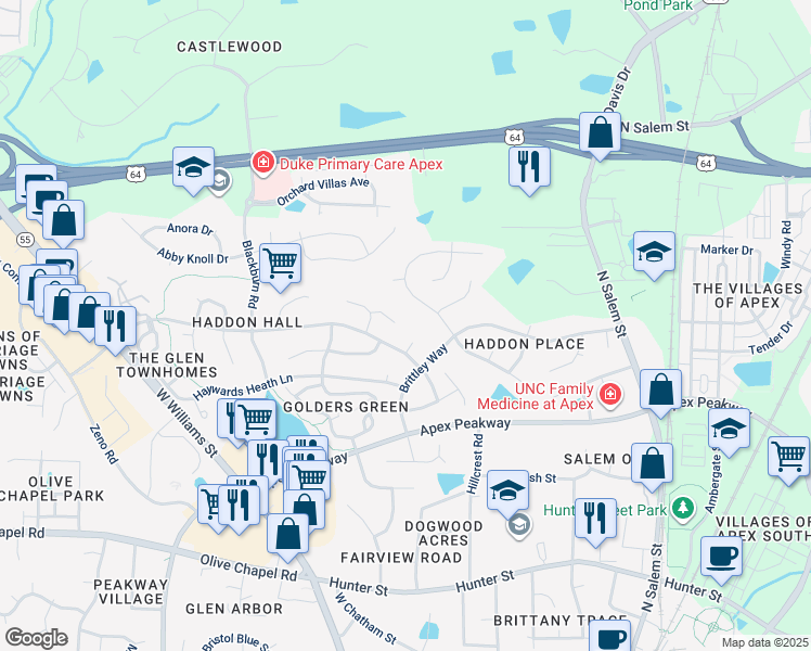 map of restaurants, bars, coffee shops, grocery stores, and more near 1011 Swandon Court in Apex