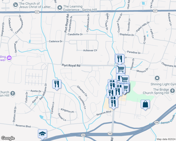 map of restaurants, bars, coffee shops, grocery stores, and more near 2003 Arum Court in Spring Hill