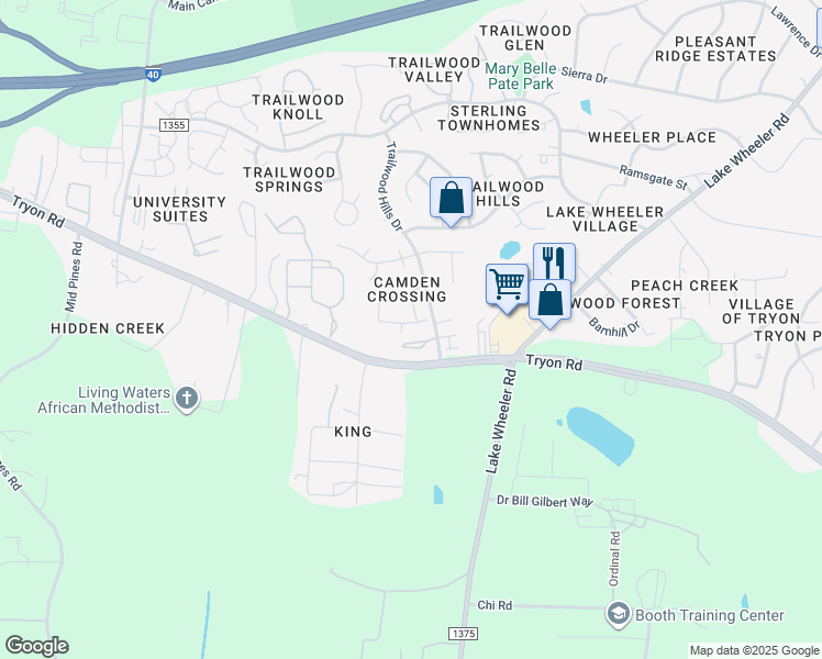 map of restaurants, bars, coffee shops, grocery stores, and more near 3040 Barrymore Street in Raleigh