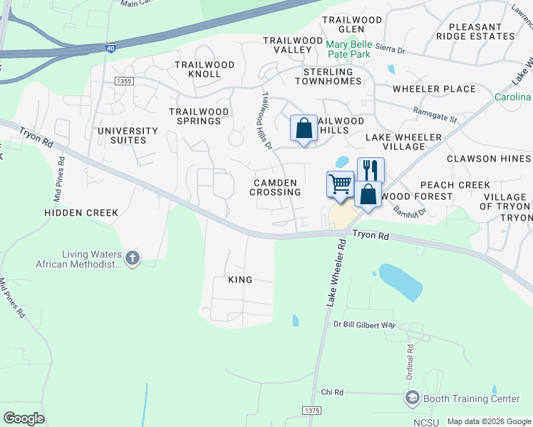 map of restaurants, bars, coffee shops, grocery stores, and more near 3016 Трион-роуд in Raleigh