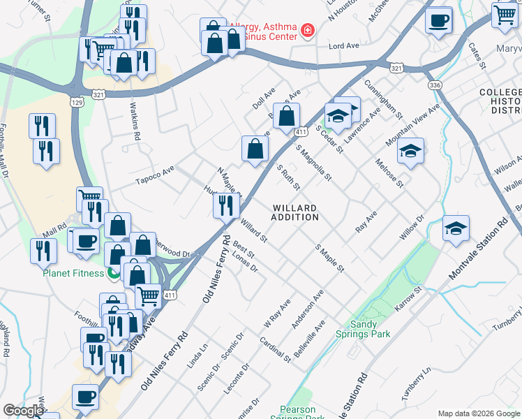 map of restaurants, bars, coffee shops, grocery stores, and more near 113 South Maple Street in Maryville