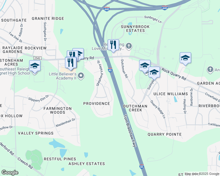 map of restaurants, bars, coffee shops, grocery stores, and more near 2707 Benevolence Drive in Raleigh