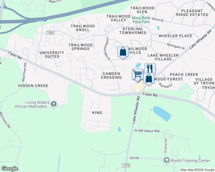 map of restaurants, bars, coffee shops, grocery stores, and more near 3016 Трион-роуд in Raleigh