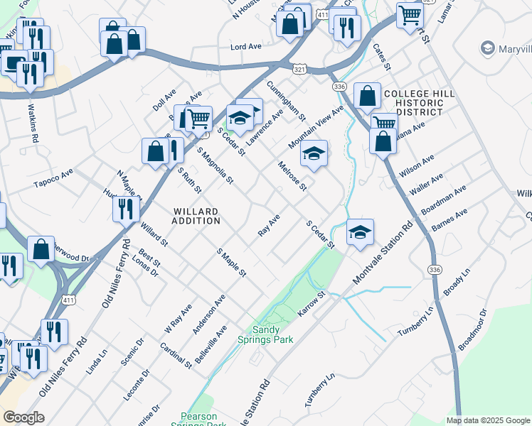 map of restaurants, bars, coffee shops, grocery stores, and more near 325 South Magnolia Street in Maryville