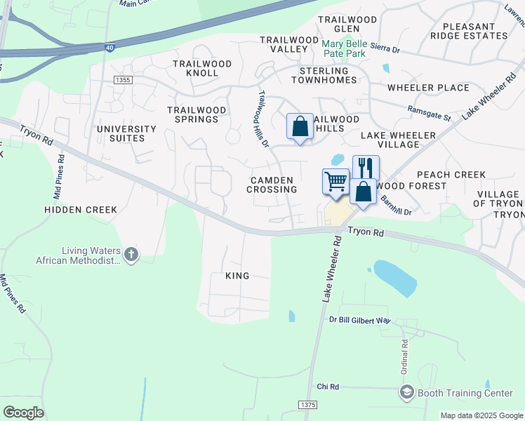 map of restaurants, bars, coffee shops, grocery stores, and more near 3020 Barrymore Street in Raleigh