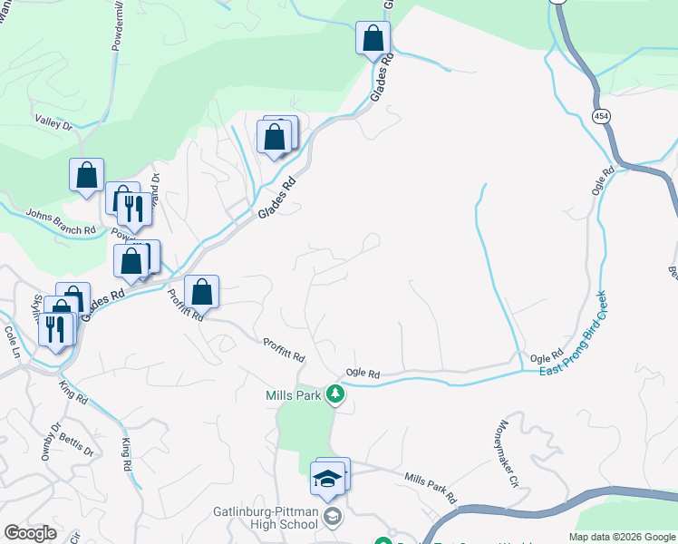 map of restaurants, bars, coffee shops, grocery stores, and more near 418 PA Proffitt Road in Gatlinburg
