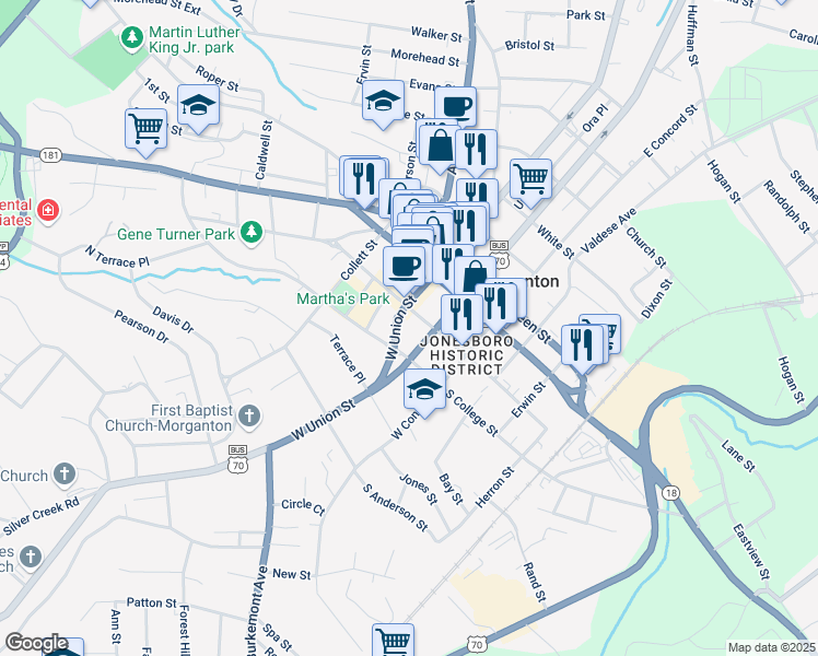map of restaurants, bars, coffee shops, grocery stores, and more near 100 South King Street in Morganton