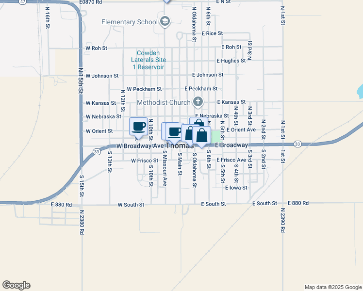 map of restaurants, bars, coffee shops, grocery stores, and more near 120 East Broadway in Thomas