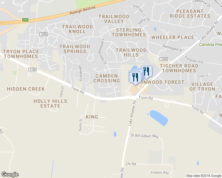 map of restaurants, bars, coffee shops, grocery stores, and more near 3040 Barrymore Street in Raleigh