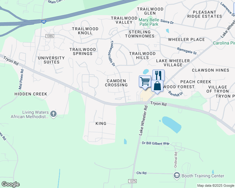 map of restaurants, bars, coffee shops, grocery stores, and more near 3040 Barrymore Street in Raleigh