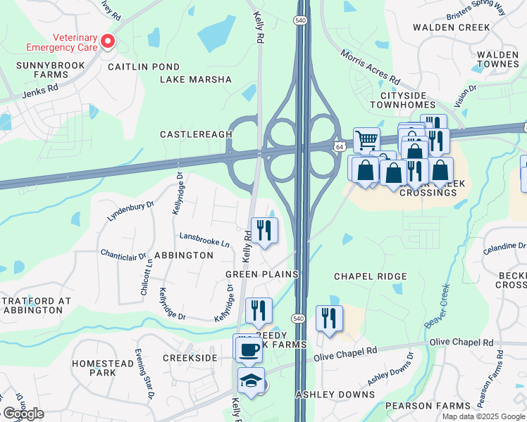 map of restaurants, bars, coffee shops, grocery stores, and more near 1035 Diamond Dove Lane in Apex