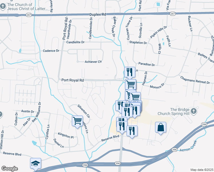 map of restaurants, bars, coffee shops, grocery stores, and more near 1028 Wells Way in Spring Hill