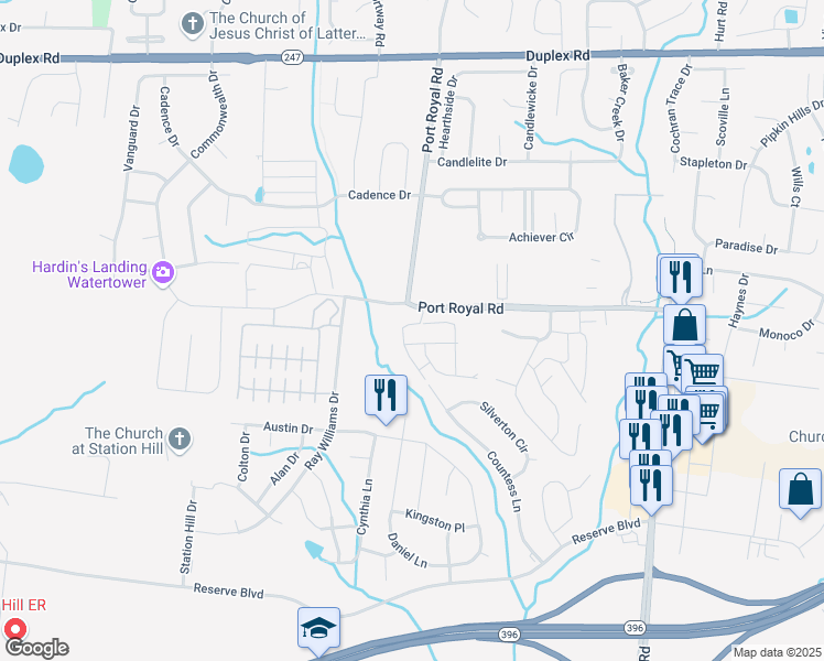map of restaurants, bars, coffee shops, grocery stores, and more near 5045 Port Royal Road in Spring Hill