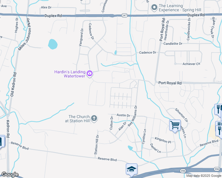 map of restaurants, bars, coffee shops, grocery stores, and more near 1111 Old Kedron Road in Spring Hill